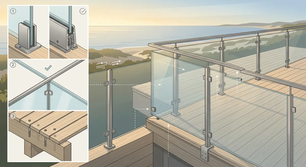 Sikker montering af glasværn med minimalistiske stålholdere på en moderne skandinavisk terrasse med udsigt.