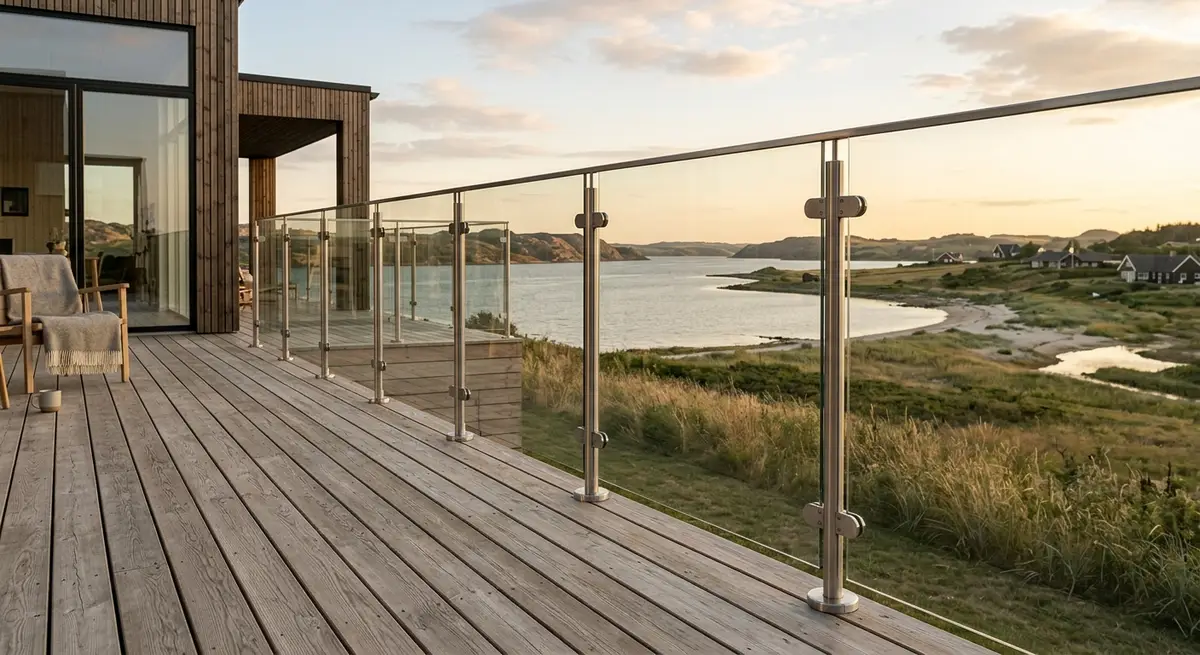 Sikker montering af glasværn med minimalistiske stålholdere på en moderne skandinavisk terrasse med udsigt.